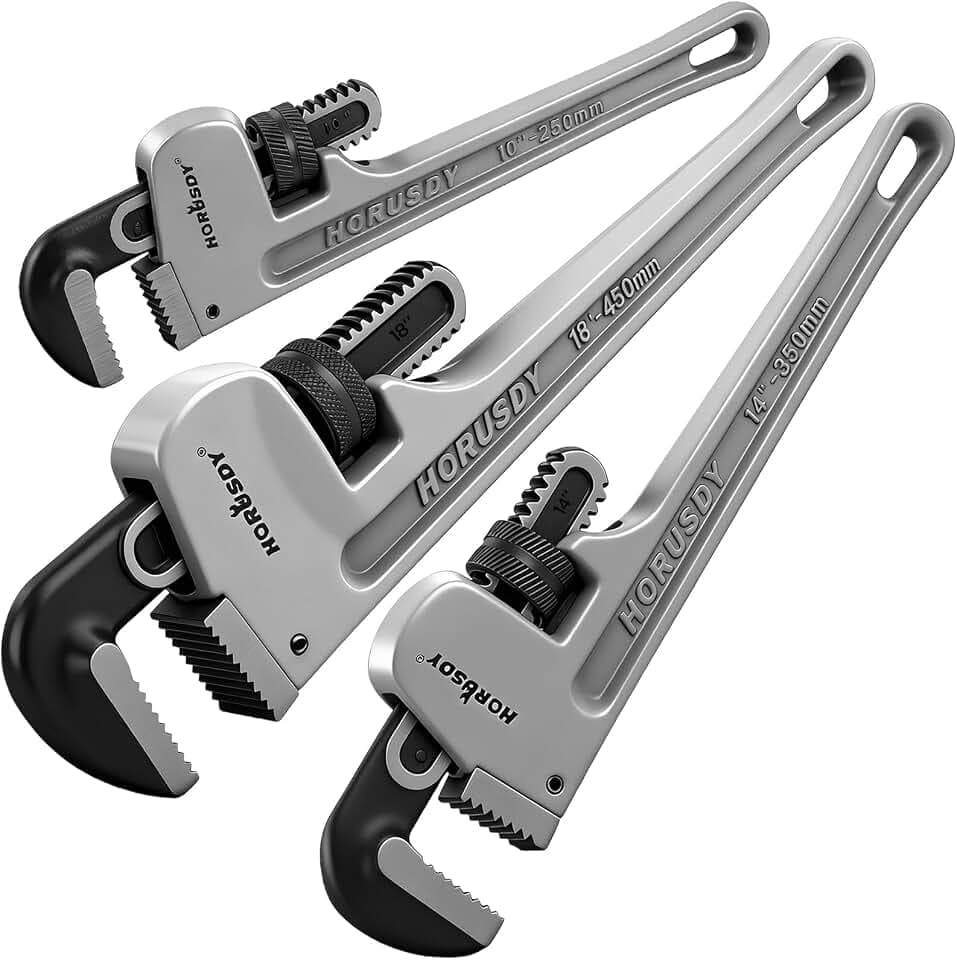 HORUSDY 3 - Piece Aluminum Pipe Wrench Set 10", 14", 18" | Ultra-Light Durable Adjustable Pipe Wrenches for Plumbing, HVAC, Farm, DIY | Heavy Duty Drop Forged Secure Locking Tool Kit
