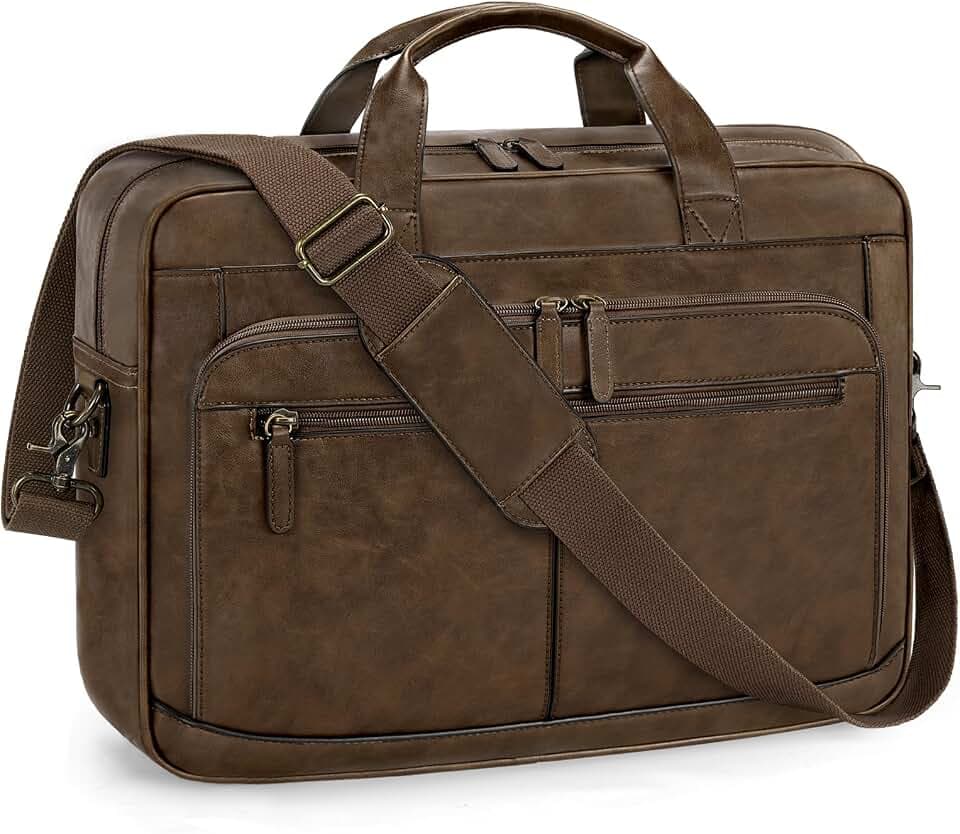 RAINSMORE Messenger Bag For Men 16 Inch Laptop Bag Waterproof PU Leather Briefcase Large Capacity Vintage Satchel Computer for Office Work Business Travel,Brown