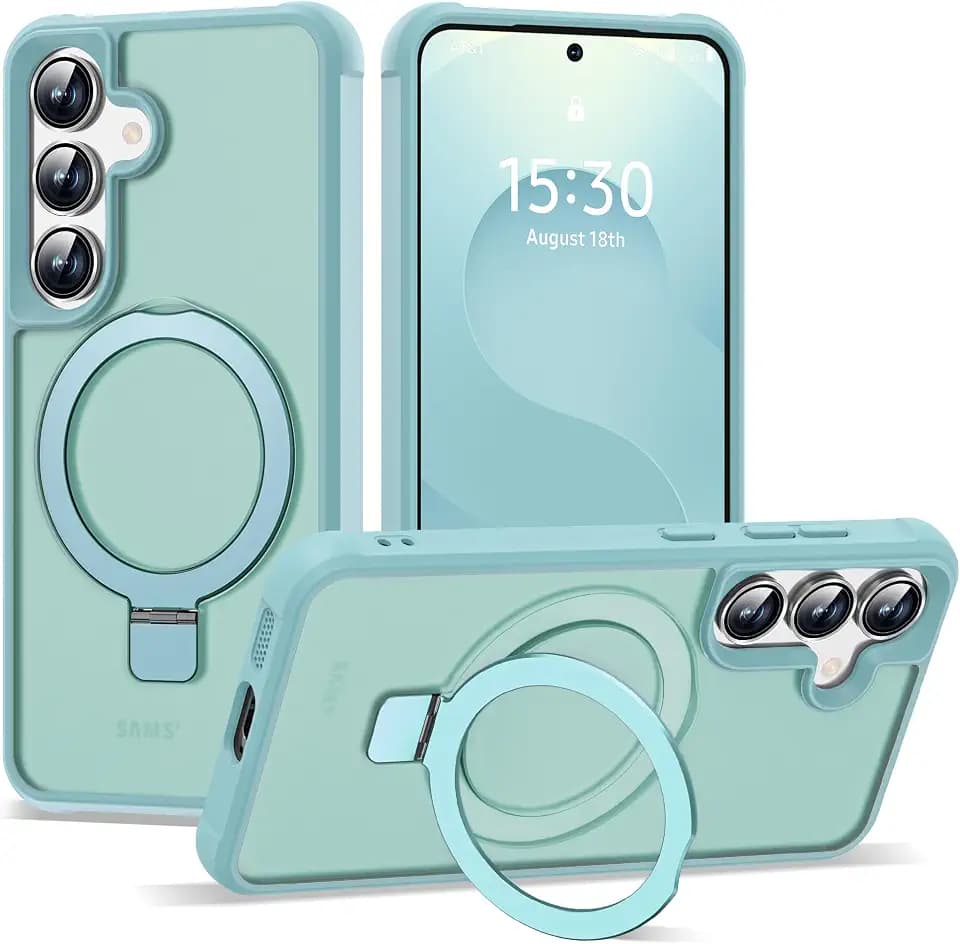 SKYLMW Compatible with Samsung Galaxy S24 Case & Samsung Galaxy S25 Case with Magnetic Ring Stand Translucent Phone Cases for S24 & S25 6.2" [Compatible with Mag-Safe],Blue