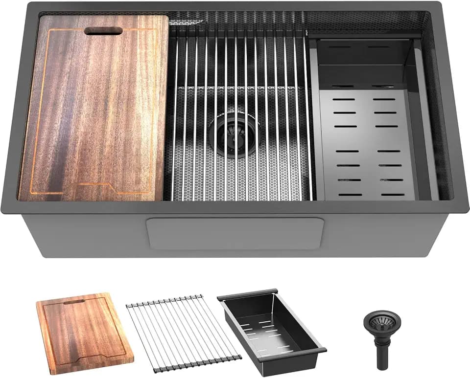 33inch Undermount Kitchen Sink Metal Black - Feibus 33x19x10 with Double Step Workstation 16 Gauge Honeycomb Embossment Stainless Steel Single Bowl