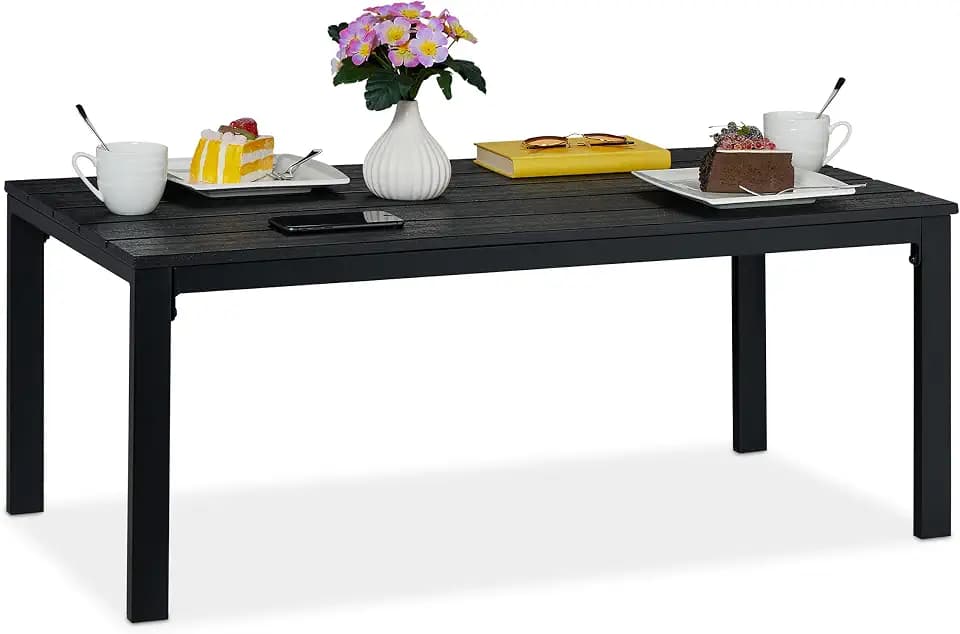 Relaxdays Gartentisch rechteckig, Holzoptik, Esstisch, Garten, Balkon, Terrasse, HBT: 39x98x48 cm, Balkontisch, schwarz