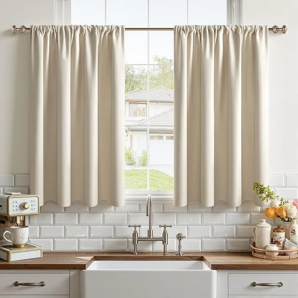 CUTEWIND Scheibengardinen Modern Blickdicht für Küche Bistrogardine 2er Set Beige H 60 x B 120 cm, Scheibengardine mit Stangendurchzug Küchengardinen Küchenfenster für Wohnmobil Kleine Fenster