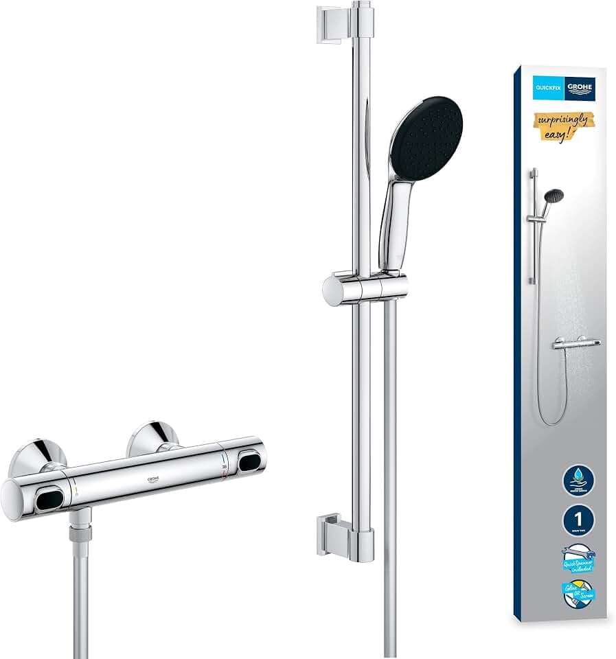 GROHE Precision Flow, Duschset mit Thermostat wassersparend, 8l pro Min (Duscharmatur hält Temperatur konstant, Duschkopf 1 Strahlart, 175cm Schlauch, Duschstange 60cm, 3in1 Werkzeug), chrom, 34800001