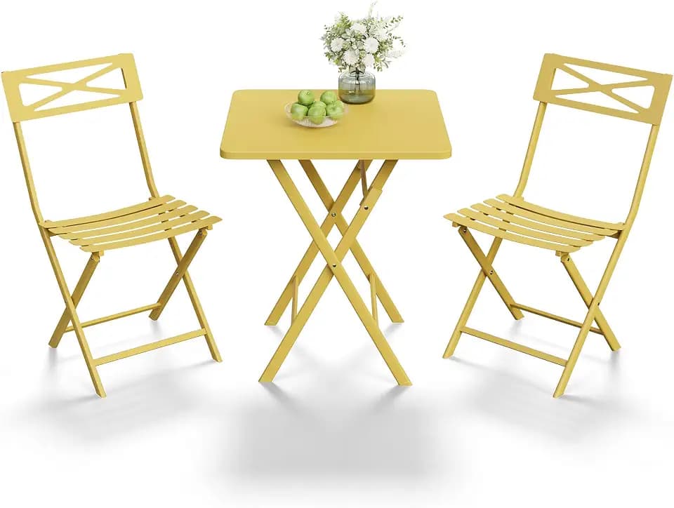 GarveeTech 3-Piece Folding Bistro Set, Heavy Duty Outdoor Patio Furniture with 2 Chairs & 1 Table, Weather-Resistant Steel Frame, No Assembly Required for Garden, Yard, Balcony,Yellow
