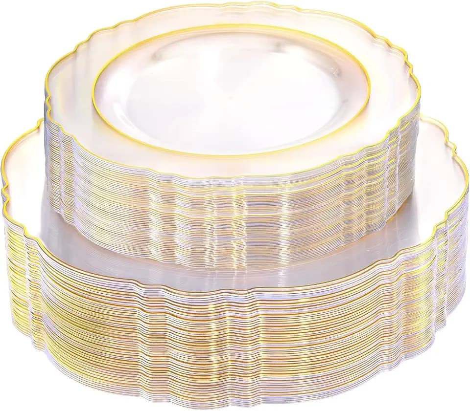WDF 100pcs Clear Disposable Plastic Plates With Gold Trim - Baroque Clear Gold including 50PCS Dinner Plates 10.25inch and 50PCS Salad Plates 7.5inch for Wedding/Baby Shower/Birthday