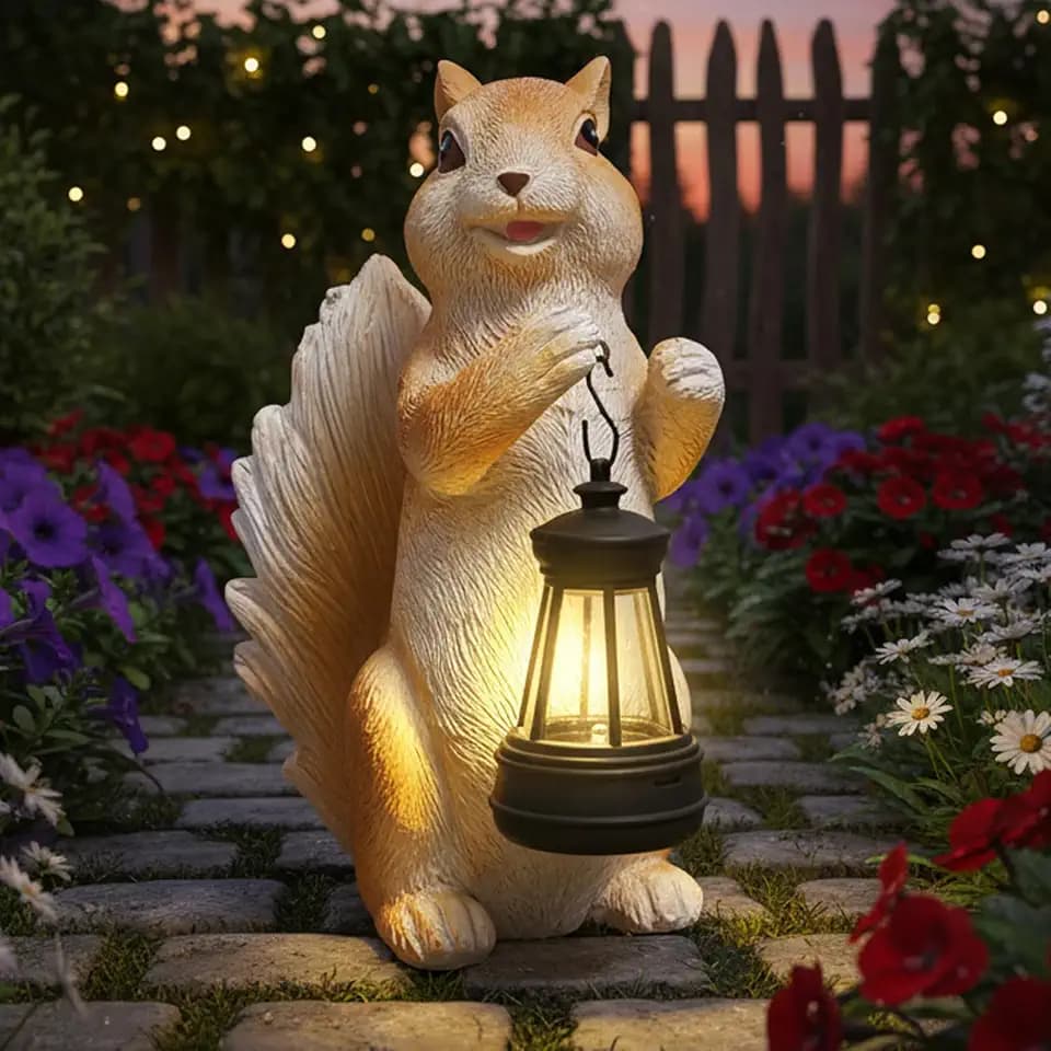 lifemet Solar Eichhörnchen Gartenfigur mit Solar-Laterne, Gartendeko