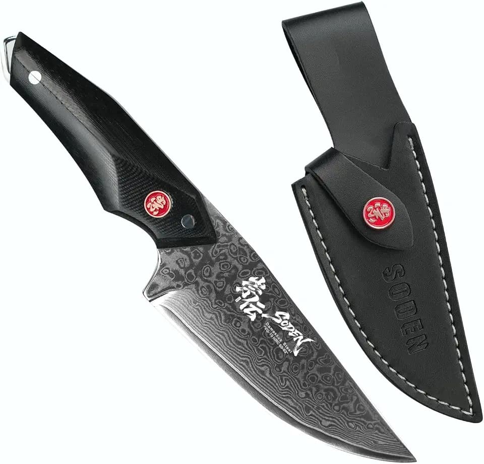 SODEN Damascus Hunting Knife - Fixed Blade Bowie w/Leather Sheath
