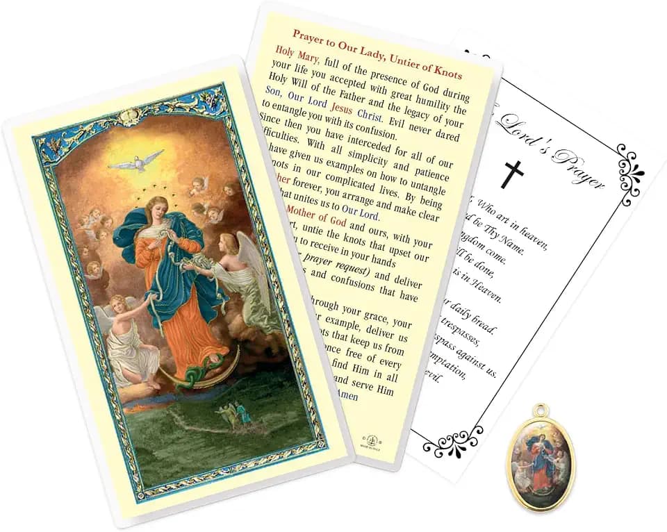 Mary Undoer of Knot Medal - Oval Epoxy Finish Mary Untier of Knots Medal, Laminated Undoer of Knot Prayer Card, Our Father Prayer Card - Our Lady Untier of Knots Devotional Set, Total 3 Items