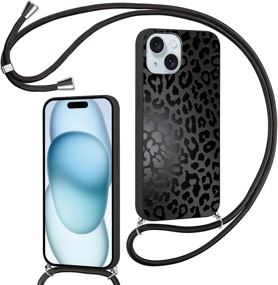 Foonary Handyband Hülle mit Band für iPhone 15 6,1" Handyhülle, Leopard Design Kette Necklace Case mit Kordel zum Umhängen Silikon Bumper Kratzfest Schutzhülle Cover Schnur für iPhone 15