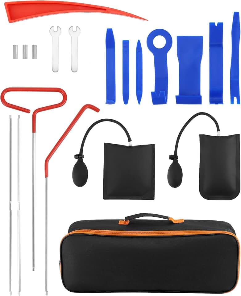 QWORK® 17-TLG. Auto-Zierleisten- und Innenverkleidungs-Set, mit Langarmwerkzeug, Luftkeilpumpen, Hebelwerkzeugen, Schlüsseln und Tasche