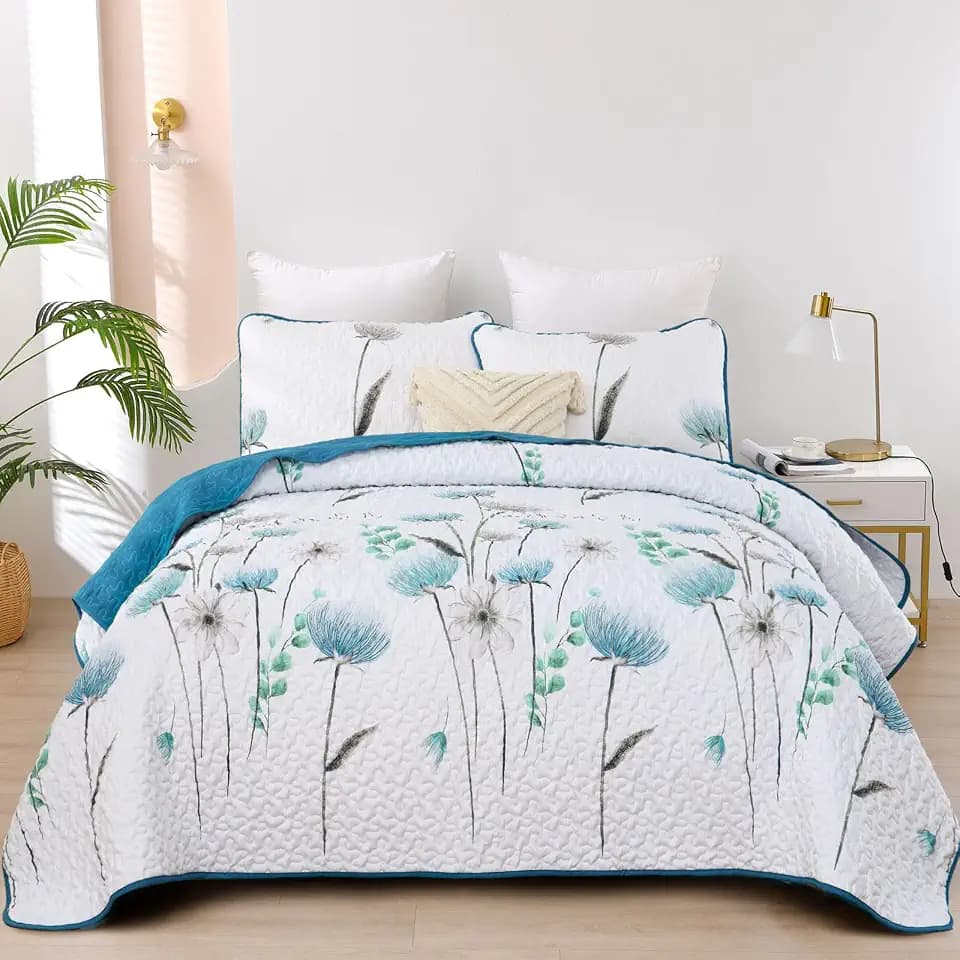 Dinjoy Quilt Set Full Size, Teal Blue Floral Bedspread with 2 Pillowcase