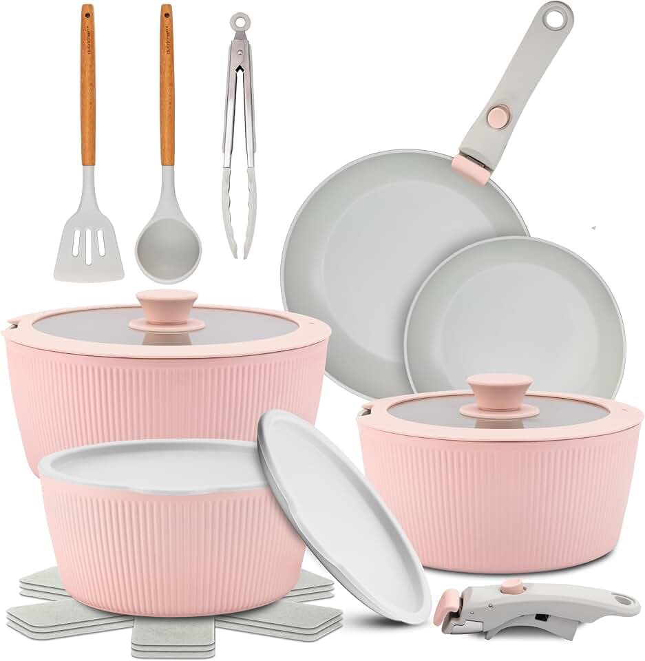 NutriChef Topfset 18 Teilig Keramik Rosa mit Abnehmbaren Griffen Induktion Topf und Pfannenset Antihaft Platzsparend Stapelbar Ofenfest Alle Herdarten
