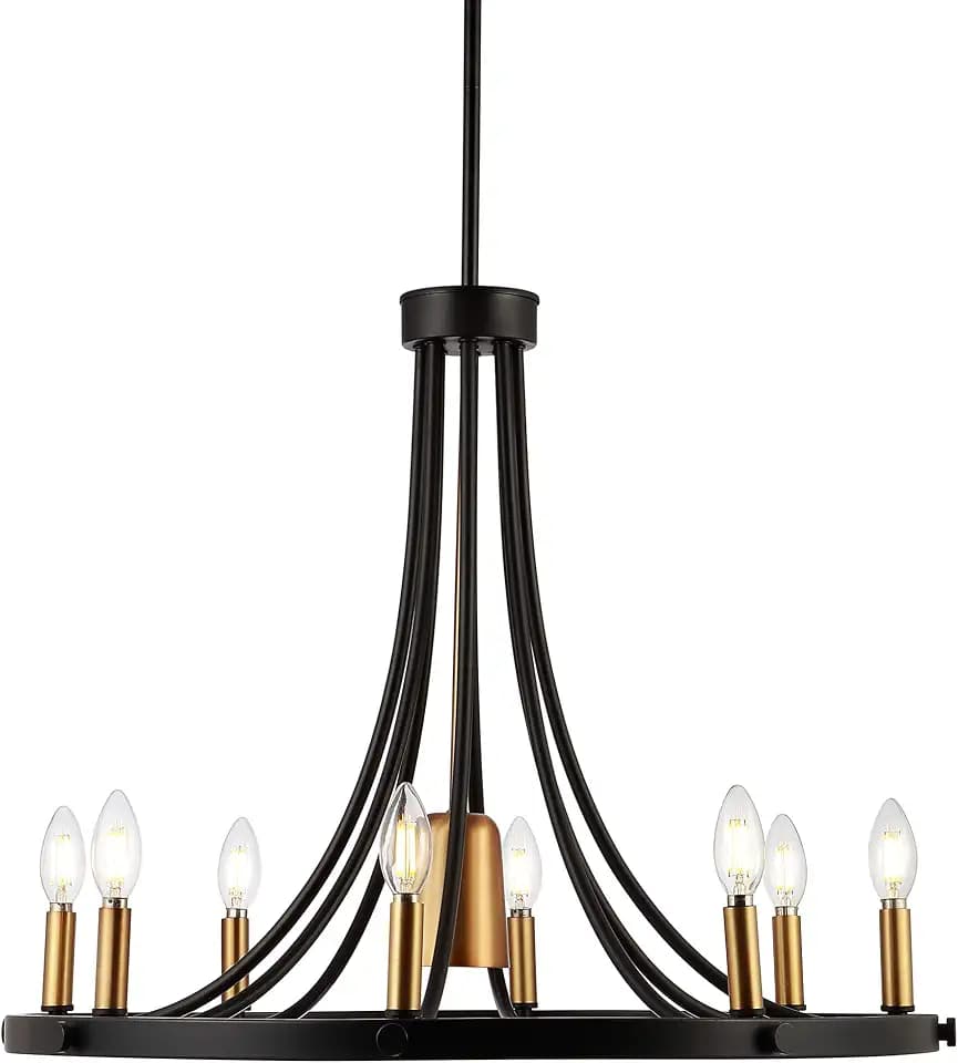 JONATHAN Y Dante 9-Light Wagon Wheel Chandelier 26.75", Black/Brass Gold