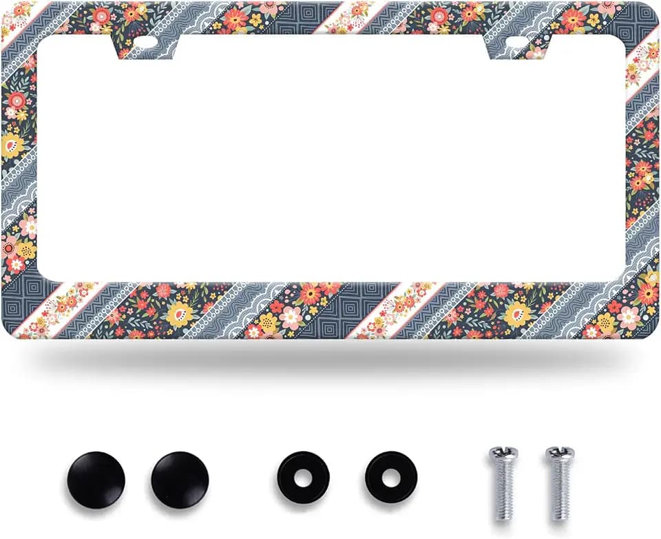 Cute Floral License Plate Frame Stainless Steel Car Accessory 12.3x6.3 Inch