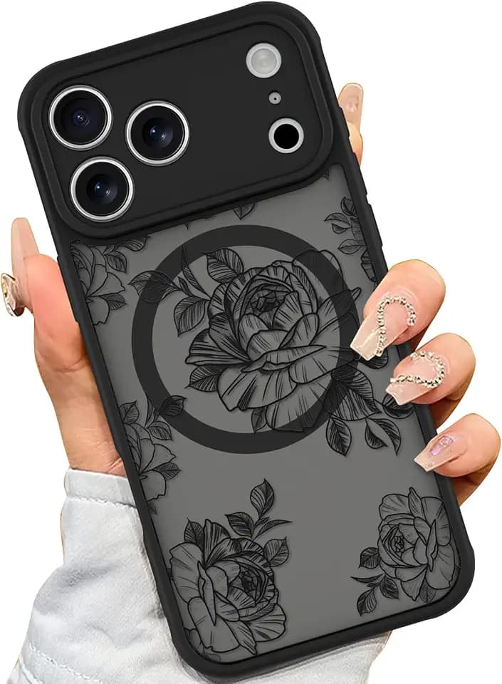 AIGOMARA Case for iPhone 17 Pro Max [Compatible with MagSafe] Black Flower