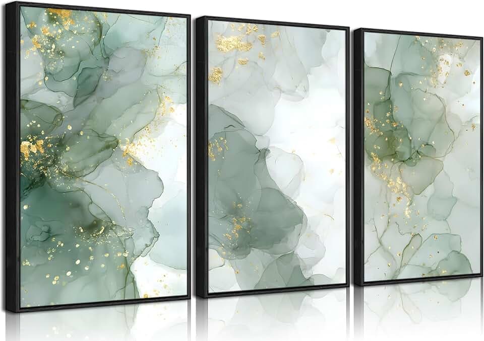 3Pcs Black Frame Sage Green Gold Canvas Wall Art Abstrac Marble Pictures Elegant Modern Living Room Posters Print Paintings Wall Decor Artwork for Bedroom Bathroom Office Home Decoration 12x16in