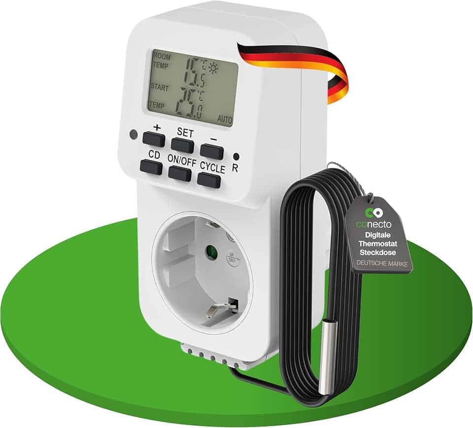 conecto Digitale Thermostat Steckdose, mit externem Fühler sowie Zeitsteuerung, für Terrarium, Gewächshaus, Räucherofen, Heizung, Temperaturregler, Kühlung und Frostwächter, 3600 Watt, weiß