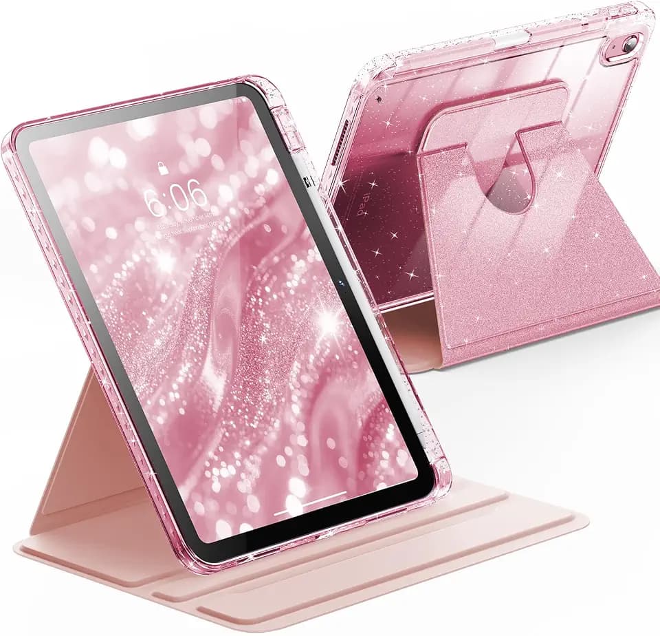 INFILAND Case for iPad A16 11-inch 11th Generation, iPad 10th Generation Case 10.9 Inch for Kids, Girls, 360 Rotating Cute Glitter Cover with Crystal Clear Back, Pencil Holder (Pink)