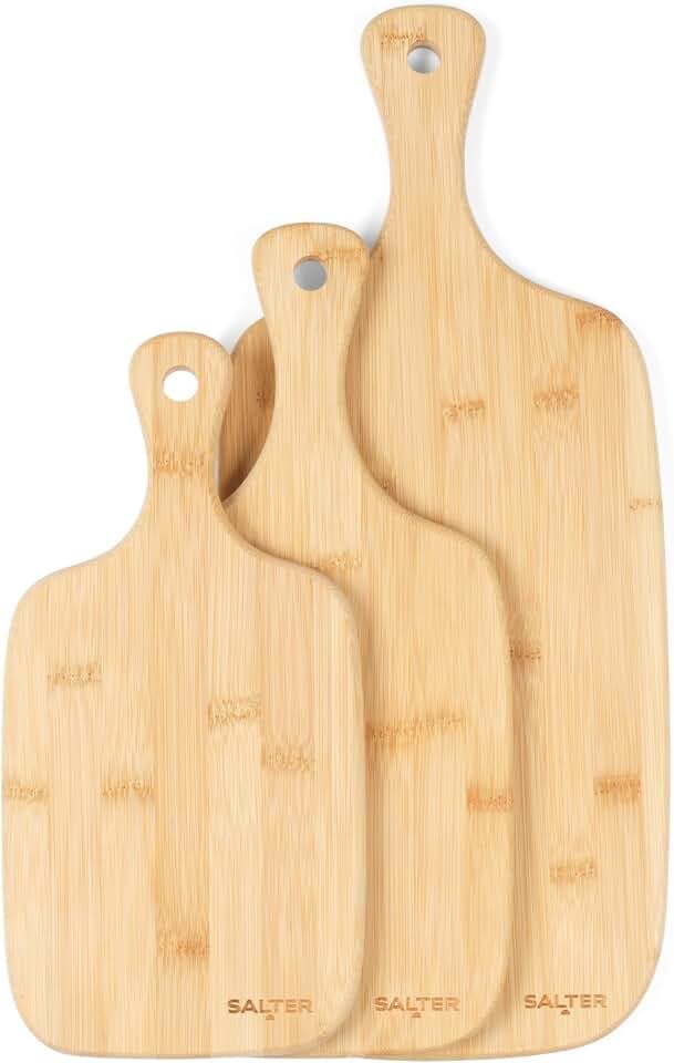 Salter Schneidebrett Set Bambus, Holz Schneidebrett 3-teilig 30/35/45cm, Bambus Schneidebrett mit Griff, Küchenbrett & Servierbrett zum Aufhängen, Holz Schneidebrett Set