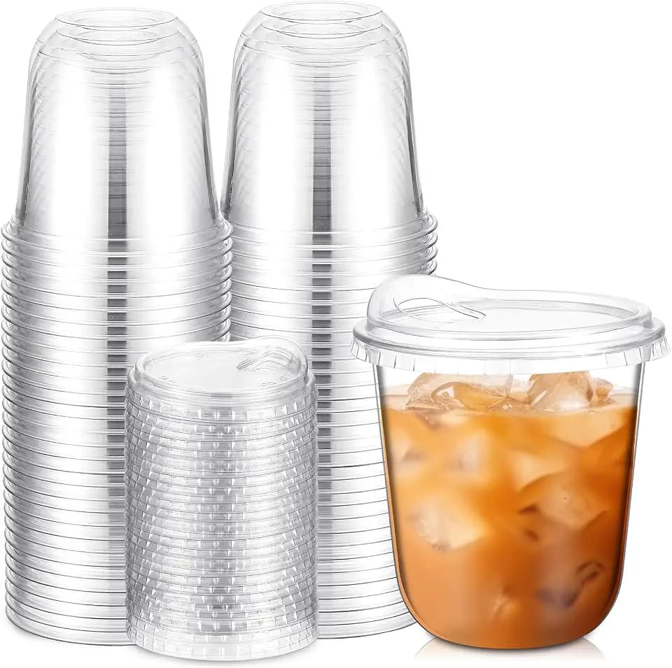 Baderke 50 Pcs Plastic Cups with Lids Disposable Iced Coffee,12 Oz,Clear