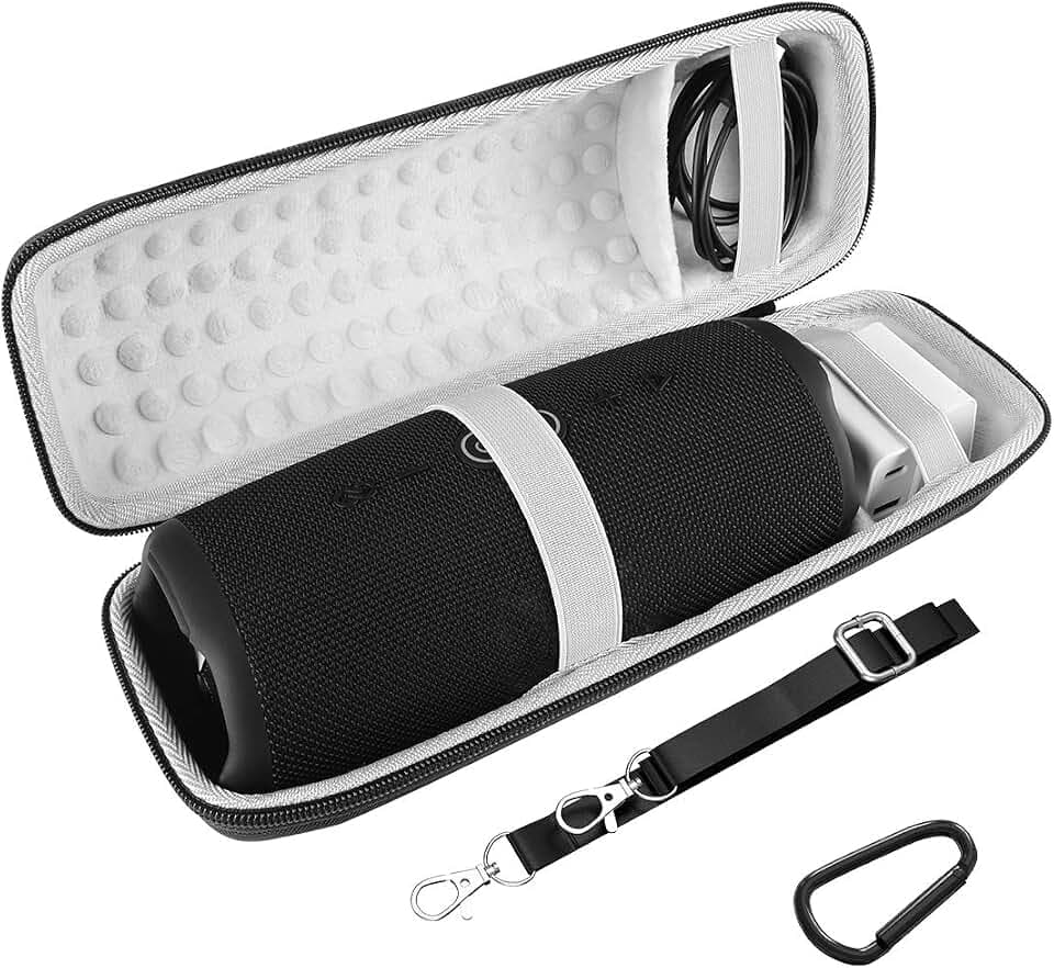 Geekria Hard Shell Case Compatible with JBL Charge 5 and Charge 4 Bluetooth Speakers, Protective Travel Carrying Case with Cable Compartment, Shoulder Strap and Carabiner, Case Only (Black)