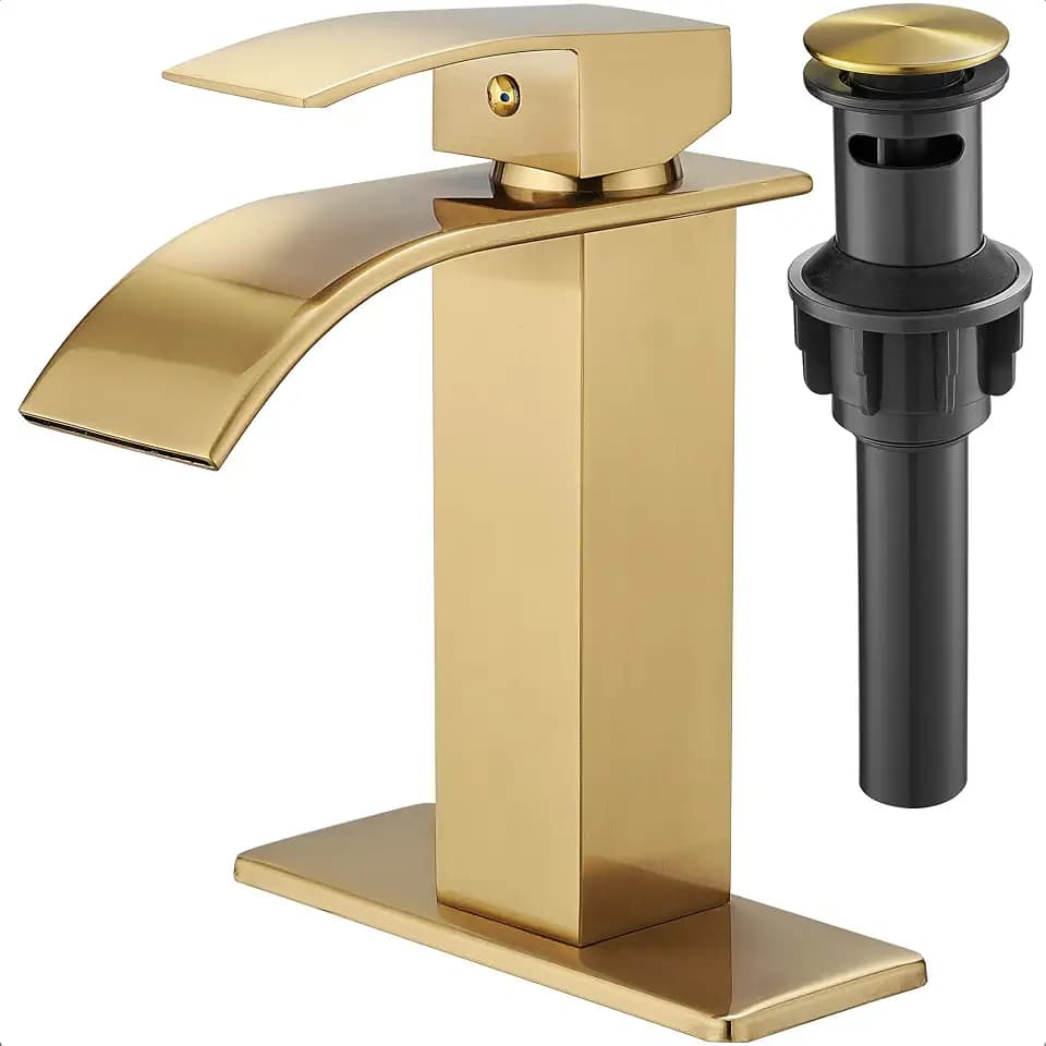 Gold Bathroom Faucet Waterfall, Brass Bathroom Faucets Single Hole or 3 Hole 4 Inch, Single Handle Bathroom Sink Faucet with Deck Plate & Drain