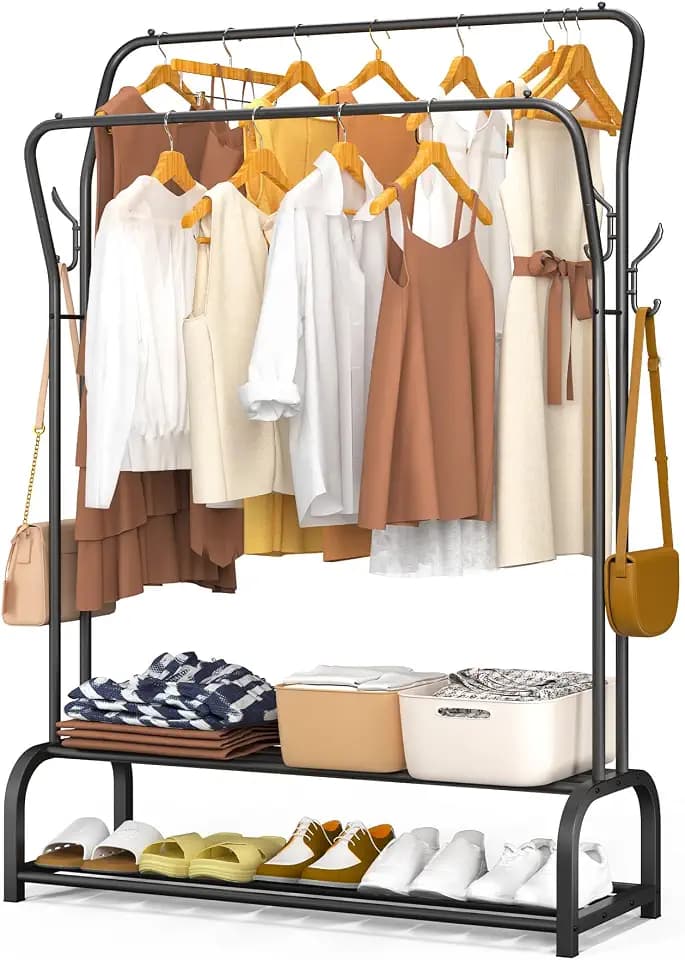 VOUNOT® Kleiderständer, Kleiderstange Doppelt, Garderobenständer Metall mit 2-lagigem Schuhregal und 4 seitlichen Haken, Stabil, Schwerlast, für Schlafzimmer Flur Ankleidezimmer, 110x35x146cm, Schwarz