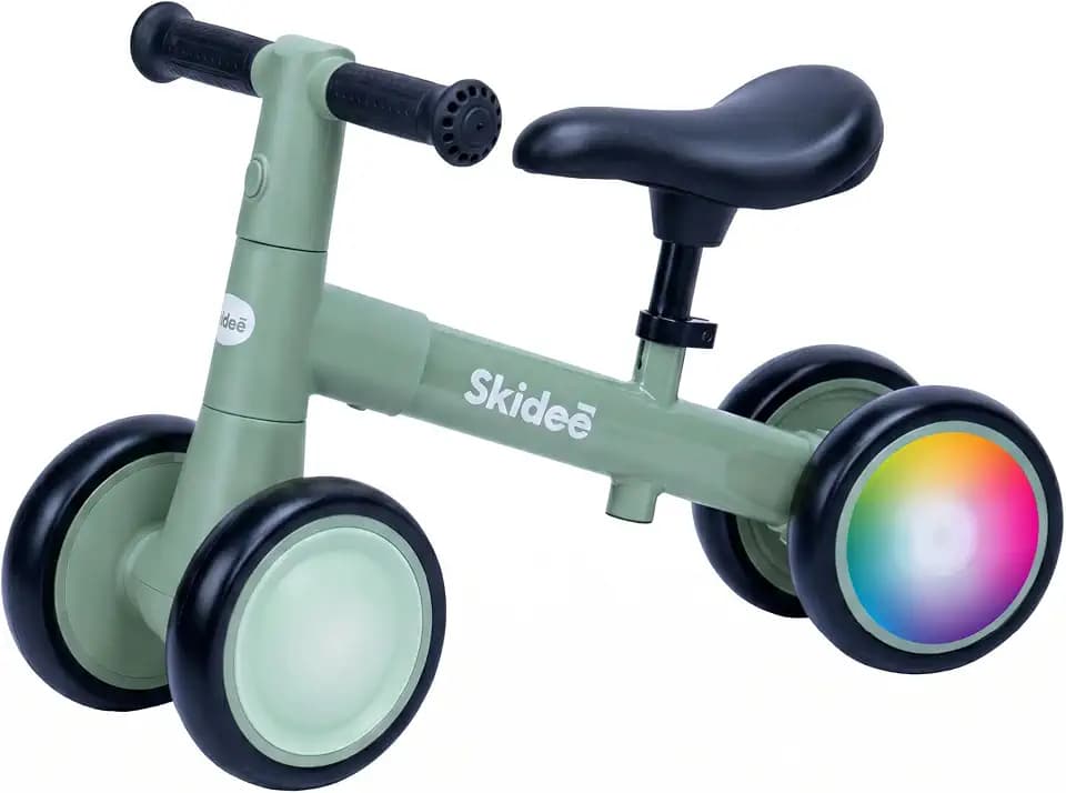 SKIDEE Toddler Balance Bike 1-3, 4-Wheel Balance Bike with Rare Light-Motion-Activated LED Wheels, Adjustable Height & Child Safe Steering, Lightweight Ride-On Toy Boys & Girls
