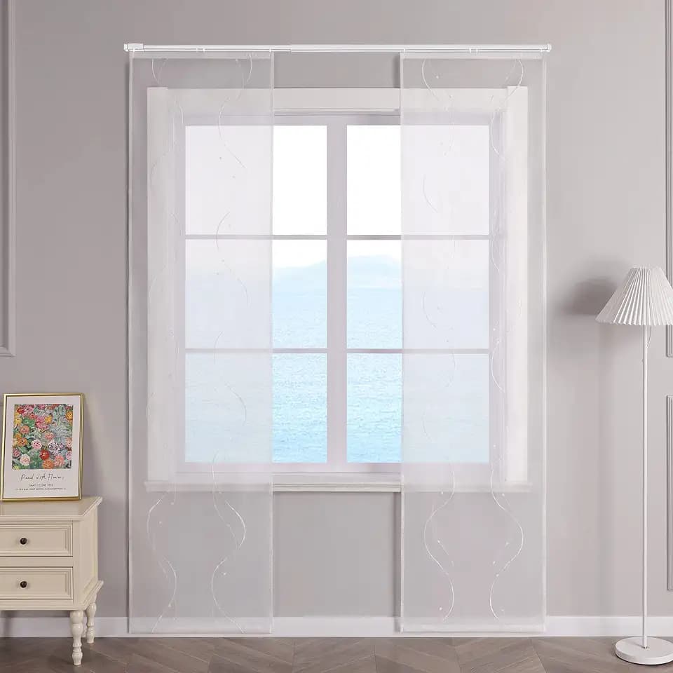ESLIR Schiebegardinen Voile Flächenvorhänge Set 2er Schiebevorhang Wohnzimmer Gardinen mit Klettband Transparent Vorhang Bestickt Weiß BxH 57x145cm 2 Stück