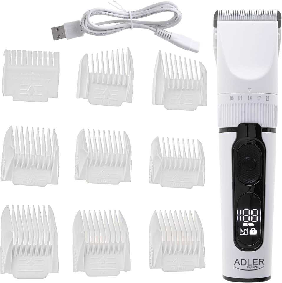 ADLER EUROPE AD 2839 Haarschneidemaschine - LED-Anzeige, IPX 6 wasserdicht, 2000mAh Akku, USB-Aufladung, Titankopf mit Keramikklinge, Turbo-Modus, 6 Kammaufsätze, Silber/Schwarz
