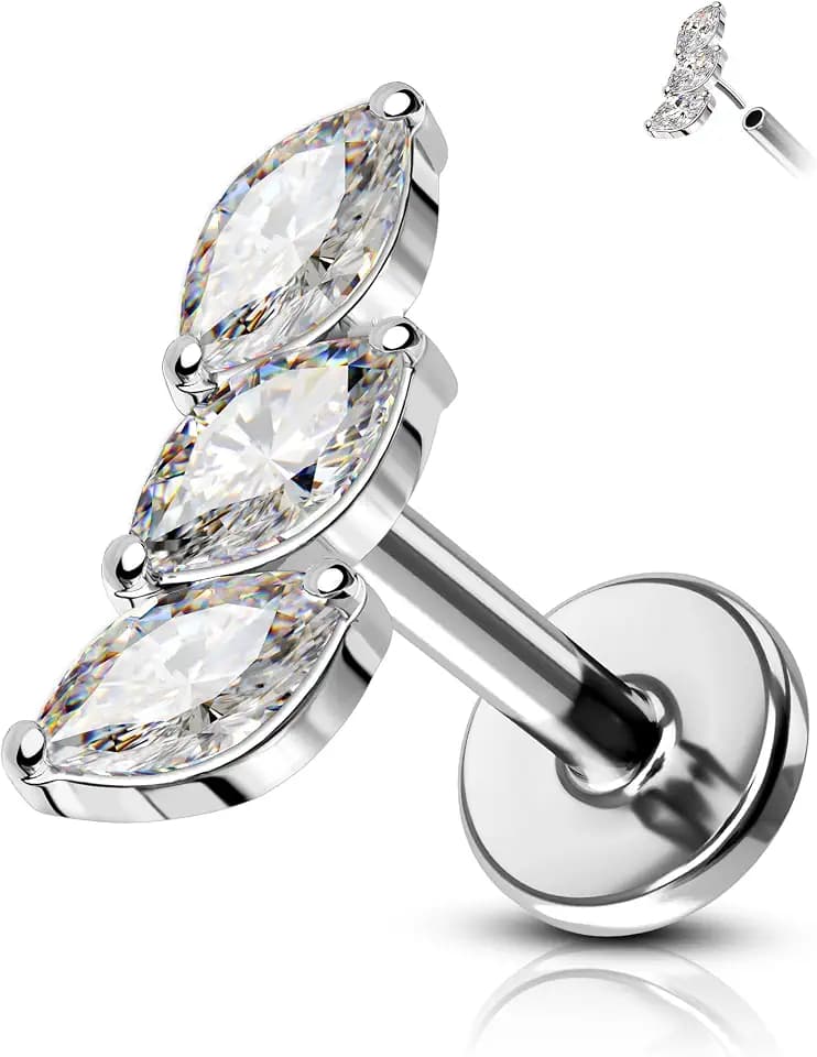 COCHARM Surgical Steel 16g Threadless Tragus Helix Piercing Jewelry Leaf Crawler Flat Back Cartilage Conch Earring Stud Titanium Push Pin Lobes Earring Silver 6mm/8MM