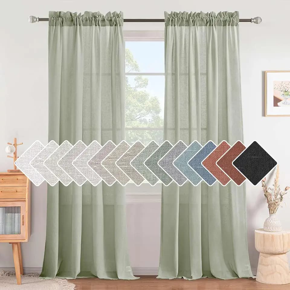 H.VERSAILTEX Sage Curtains 96 Inches Long for Bedroom 2 Panels Rod Pocket Linen Draperies Neutral Boho Farmhouse Semi Privacy Sheer Light Filter Curtains for Living Room Home Office 8 FT