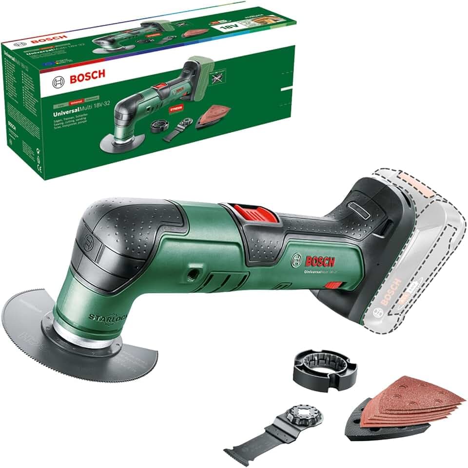 Bosch Akku-Multifunktionswerkzeug UniversalMulti 18V-32 | Sägen, Schneiden, Schleifen: 1x Segmentsägeblatt, Tauchsägeblatt, Schleifplatte; 6x Schleifblätter; Tiefenanschlag; ohne Akku