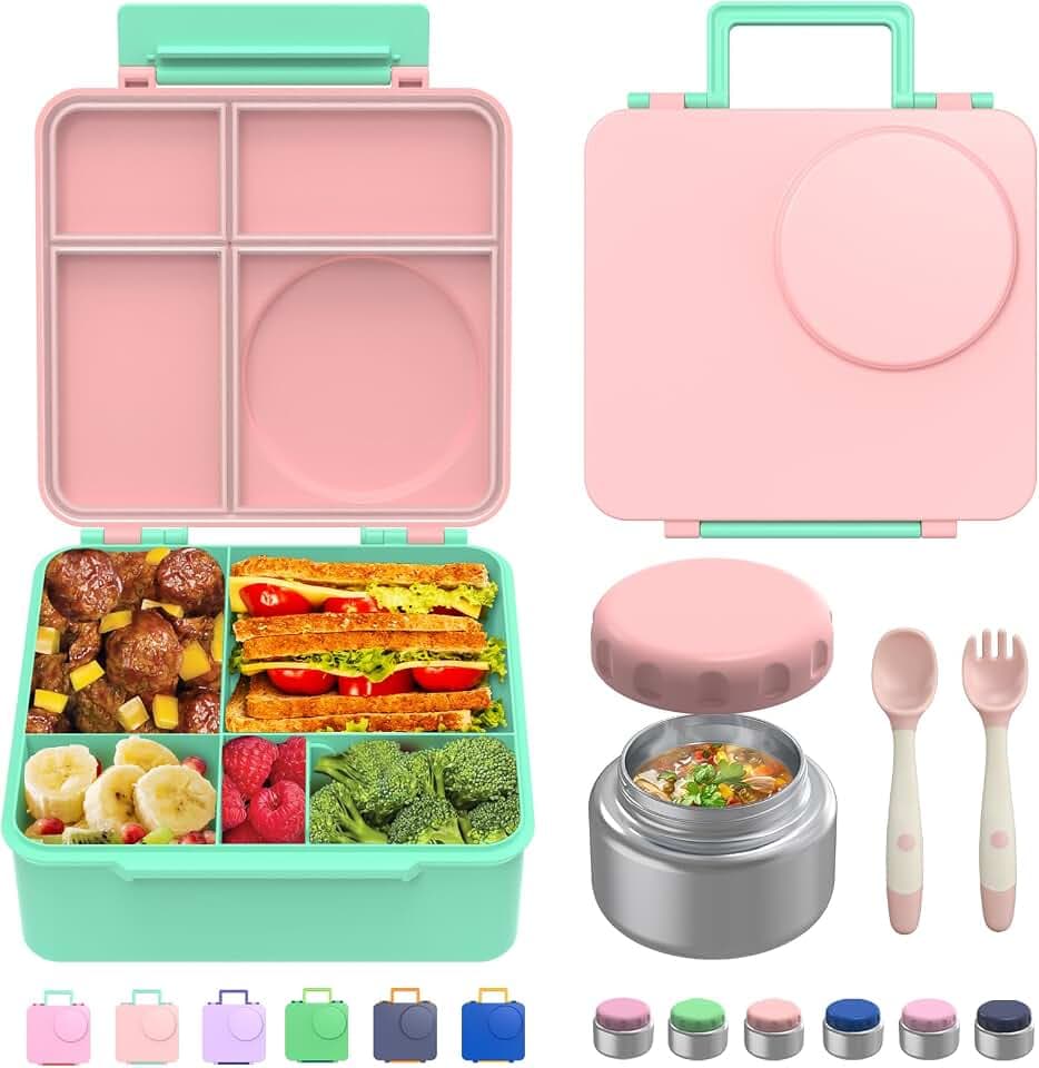 Bento Box for Kids - Leak-Proof Bento Lunch Box with Insulated Thermo Food Jar - 4 Compartments, 1 Removable Divider, 1 Spoon, 1 Fork - Dishwasher Safe, BPA-Free (Light pink)