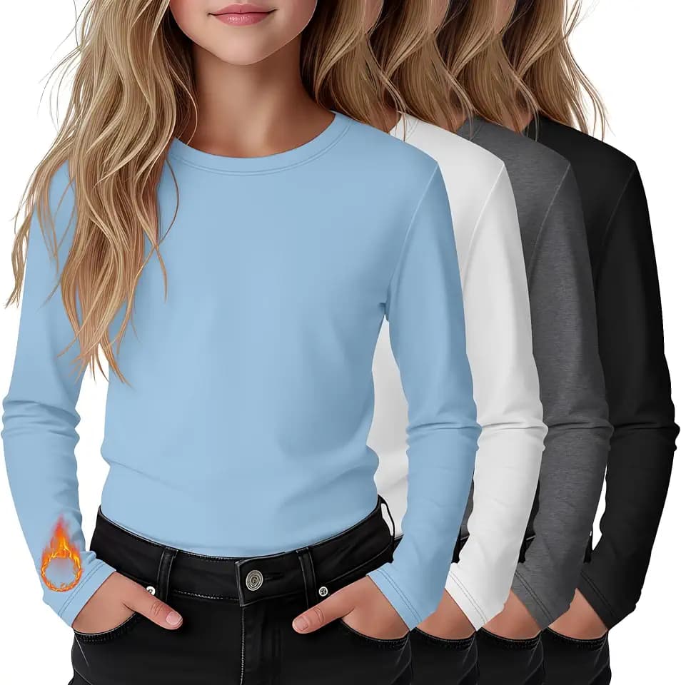 4 Pack Girls Fleece Shirts Long Sleeve Thermal Tops
