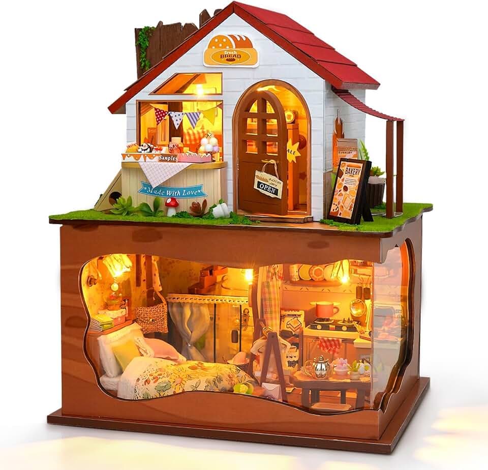 Cuteefun DIY Miniatur Puppenhaus Kit, mit Staubschutzhaube und LED Licht