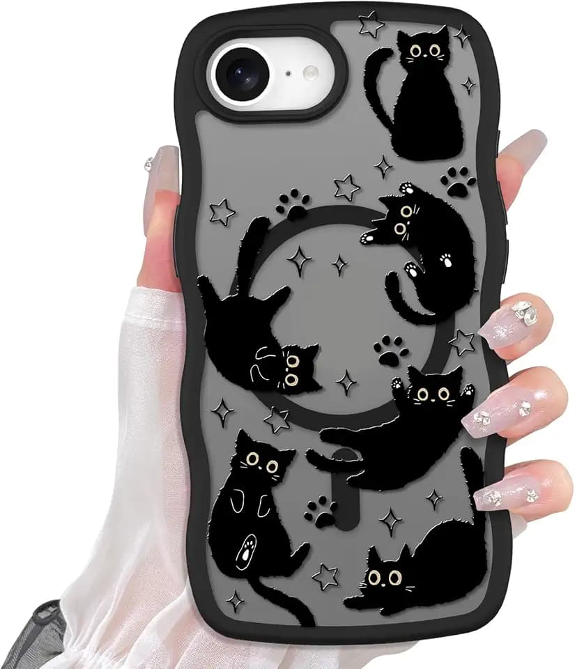 Cute Wavy Case for iPhone 17e & 16e Case with Black Cats Pattern