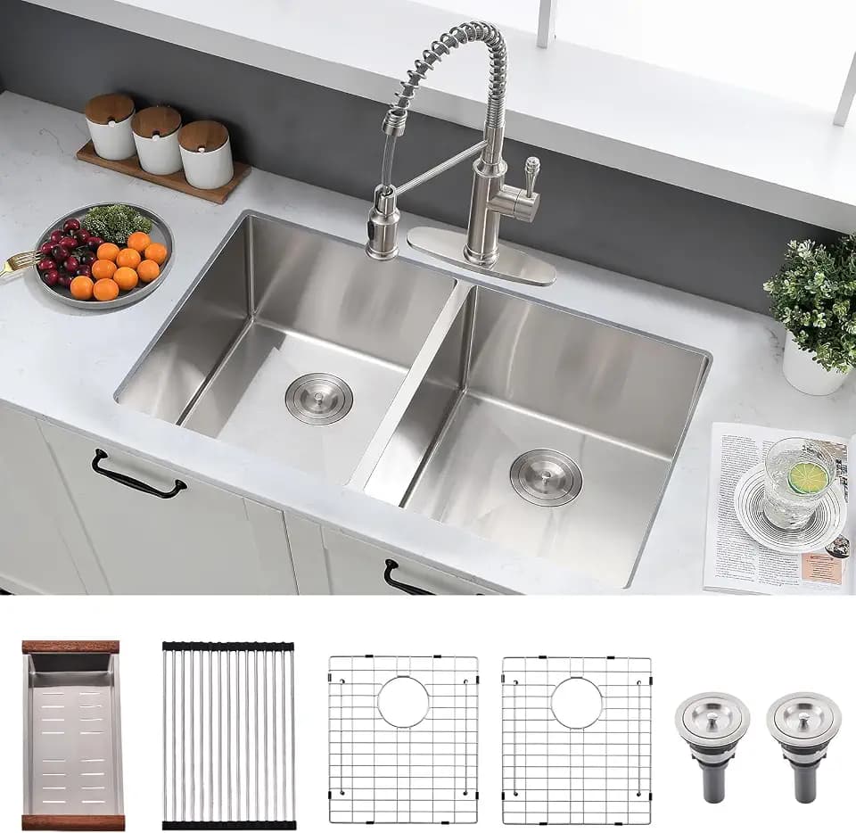 32 Inch Undermount Kitchen Sink Double Bowl - 16 Gauge Stainless Steel Undermount Double Bowl Kitchen Sink 50/50, 32x19 Inch