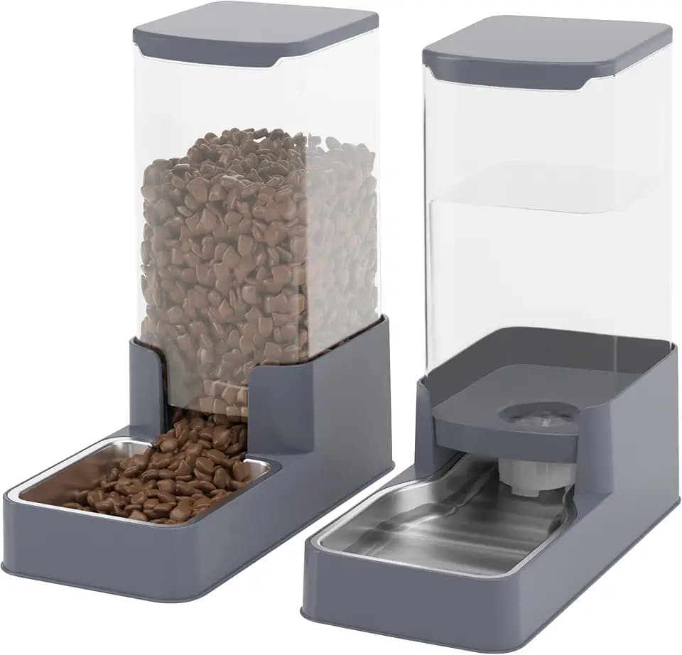 Automatic Cat Feeder and Water Dispenser in Set with Pet Food Bowl,Gravity Dog Waterer and Food Feeder for Small Medium Dog Cat Puppy Kitten Large Capacity(3.8L,Grey,Stainless Steel Bowl)