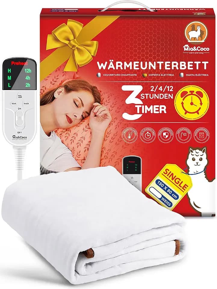Mia&Coco Heizdecke mit Abschaltautomatik, 150 x 80 cm, Wärmeunterbett mit 12-Stunden-Timer und 3 Wärmestufen, LED-Anzeige, Überhitzungsschutz, Wärmedecke für Gängigen Matratzen,Maschinenwaschbar