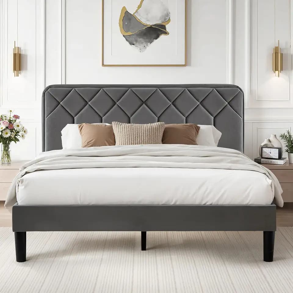 VECELO Doppelbett, gepolstert, 140 x 190 cm, Plattformrost mit verstellbarem Kopfteil, Lattenrost aus stabilem Holz, hochwertiger Samtstoff, einfach zu montieren, Grau