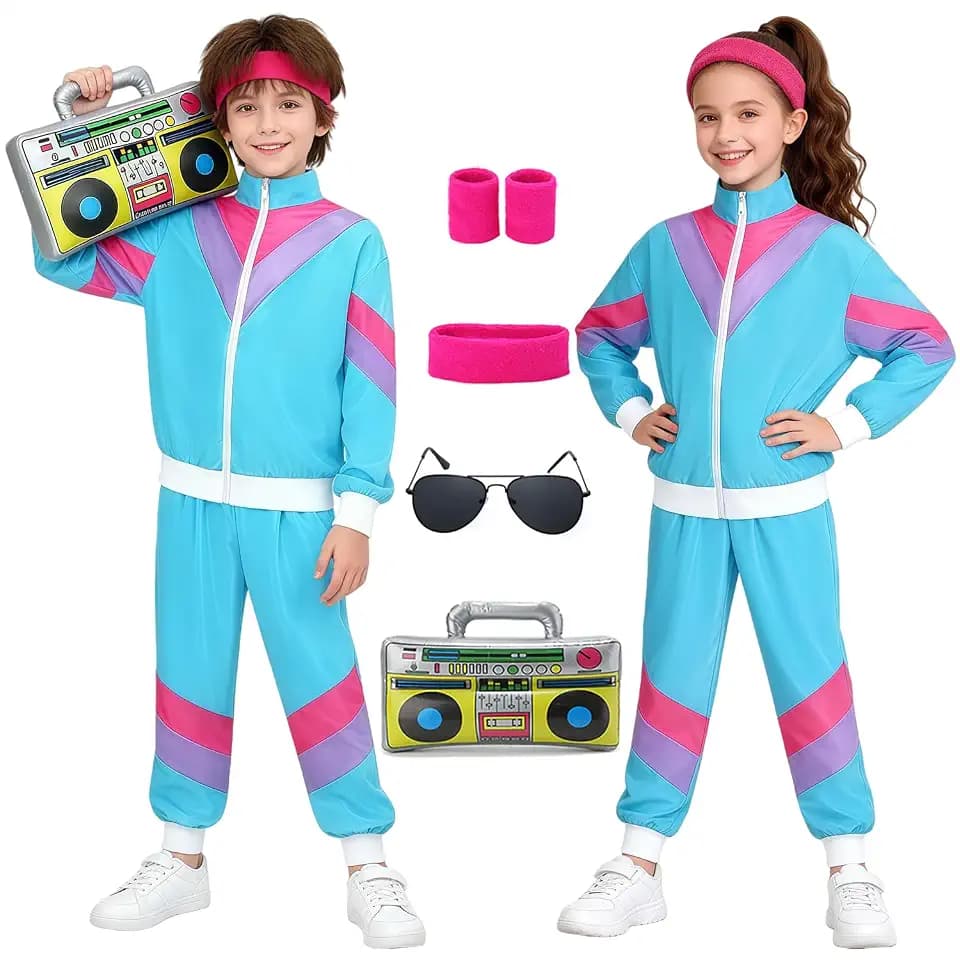 90er 80er Jahre Outfit Mädchen Jungen Jogginganzug Kinder Retro Trainingsanzug Kostüm Jacke Hose Anzug Kleidung New Kids Kostüm mit Handgelenkriemen Radio Sonnenbrillen für Karneval Fasching VL008L