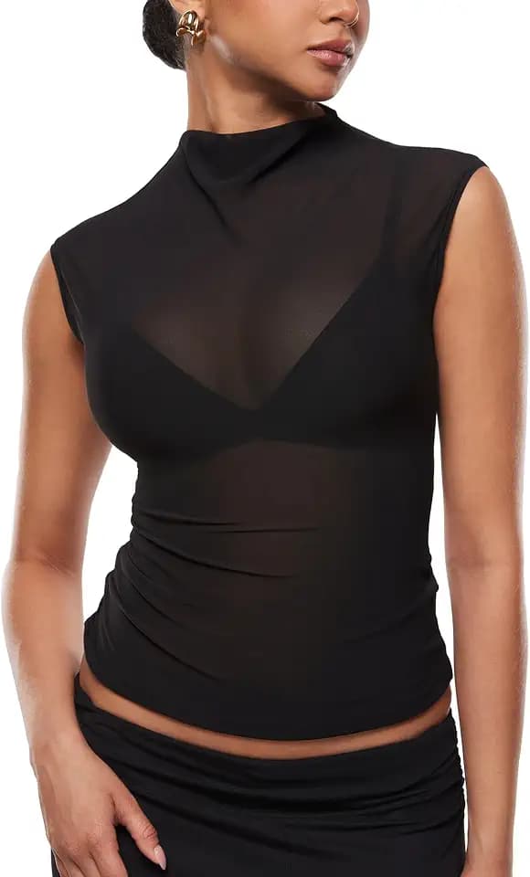 INLYRIC Women's Mesh Mock Neck Tank Tops