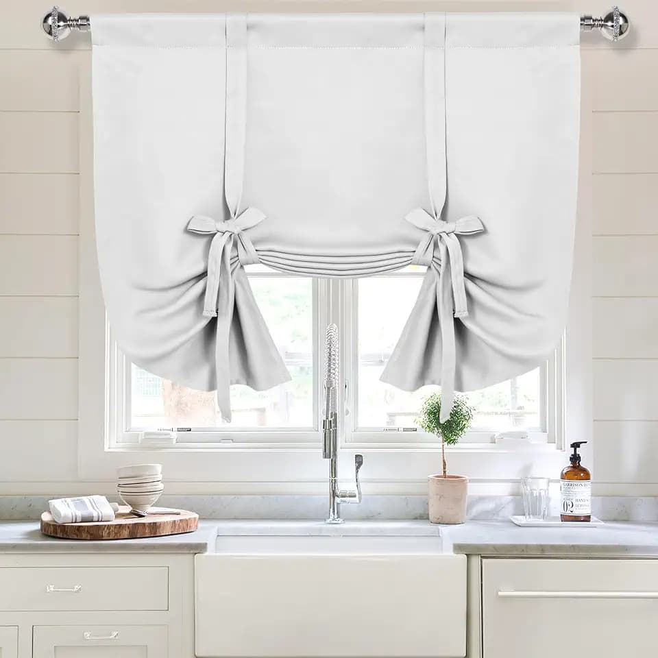 DWCN Blackout Curtains-Tie Up Shade for Window Thermal Insulated Room Darkening Rod Pocket Curtains for Kitchen, Greyish White, W34 X L45 Inches, 1 Panel