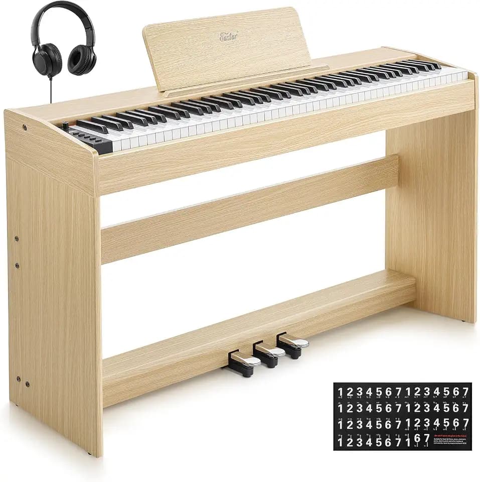 Eastar EUP-110 Digital Piano 88 Tasten mit gewichteter Klaviatur, E-Piano in voller Größe für Anfänger, mit Kopfhörer, Display, 3 Pedalen, Aufnahmefunktion & kabelloser Verbindung – Farbe Hellholz