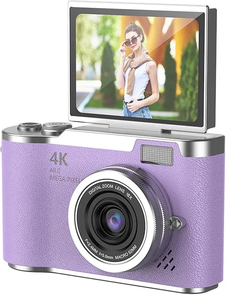 Digital Camera, 1080P HD 48MP Digital Point & Shoot Camera with 2.4 Inch HD Flip Screen, Built in LED Fill Light, 8X Digital Zoom, for Teens Students (Violet)