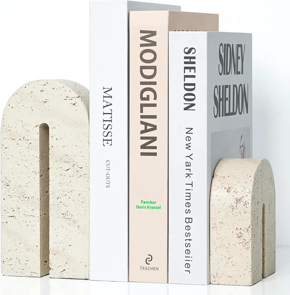 BOHDK Buchstützen für Regale, Harz-Dekorative Buchstützen, Retro-Bogen-Bücherhalter für schwere Bücher, Imitat-Travertin-Buchstopper für Wohndekor, Studium, Bücherregal, Desktop, 2er-Set