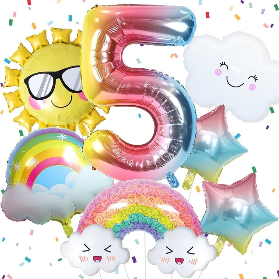 5th Rainbow Birthday Party Decorations Girl 5 Number Foil Balloon Sun Star