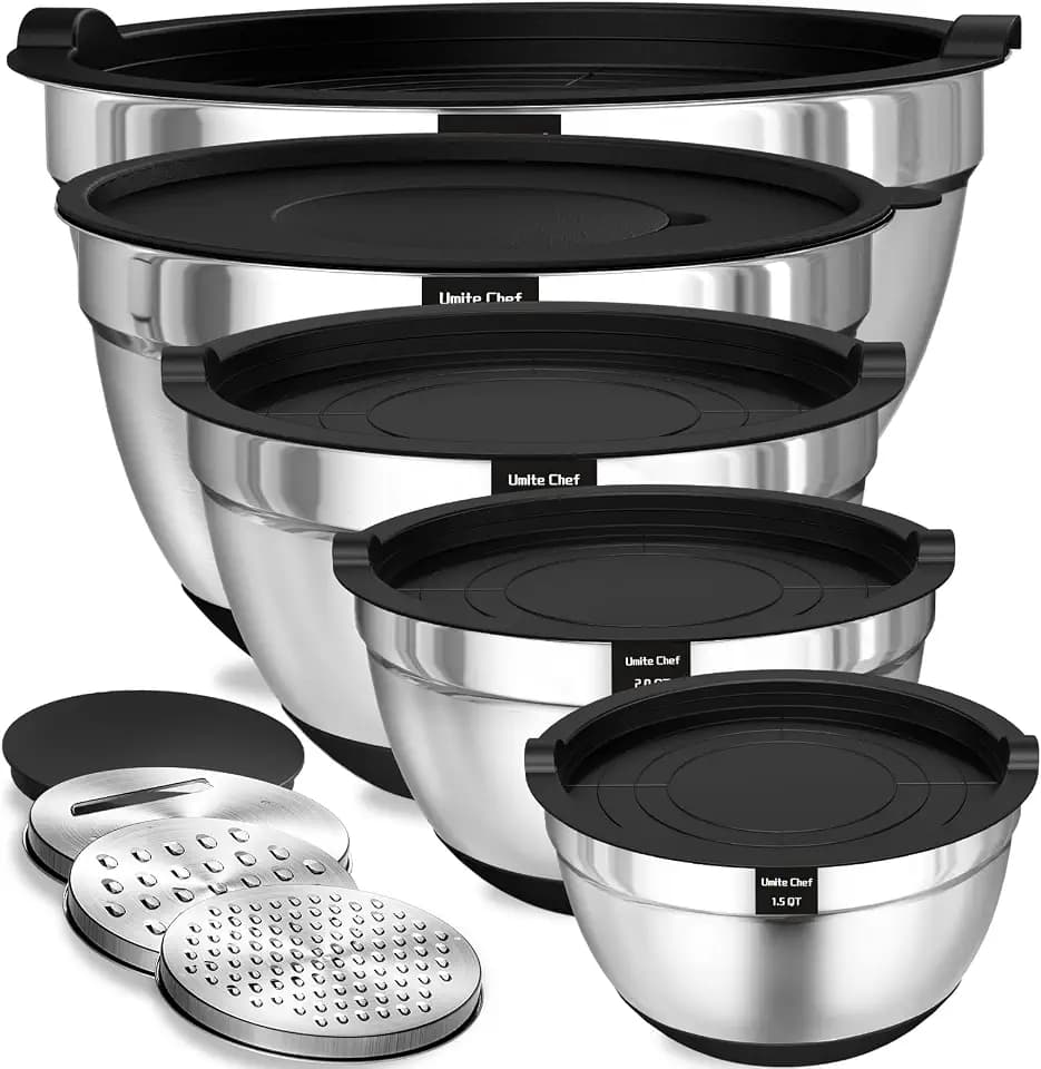 Umite Chef Mixing Bowls with Airtight Lids Set, 8PCS Stainless Steel Nesting Bowls Set, 3 Grater Attachments & Non-Slip Bottoms, Size 5, 4, 3.5, 2, 1.5QT for Baking & Mixing(Black)