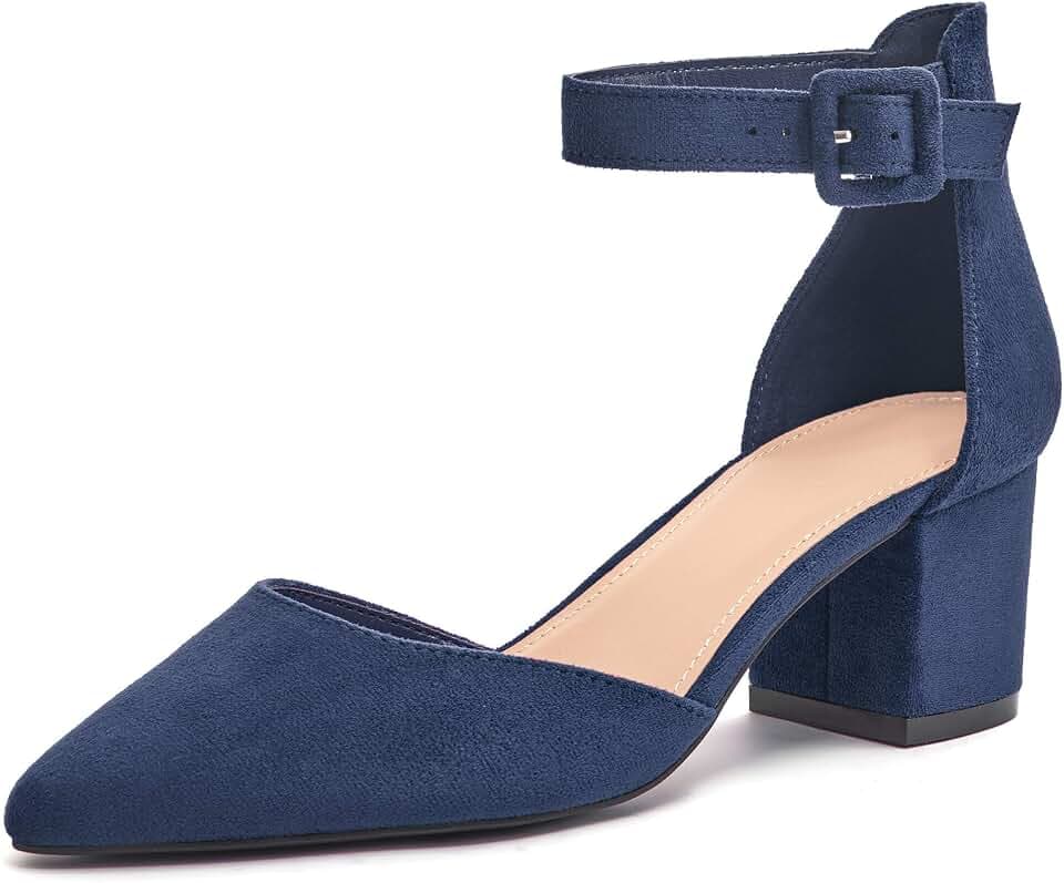 LAICIGO Women's Pointed Toe Pumps Ankle Strap Buckle Chunky Block Heel Dress D'Orsay Shoes